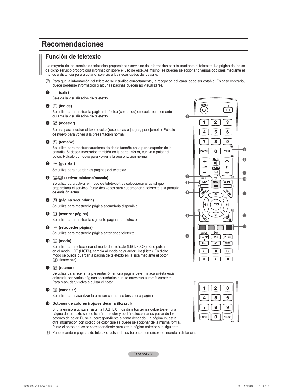 Recomendaciones, Función de teletexto | Samsung PS50B450B1W User Manual | Page 230 / 357