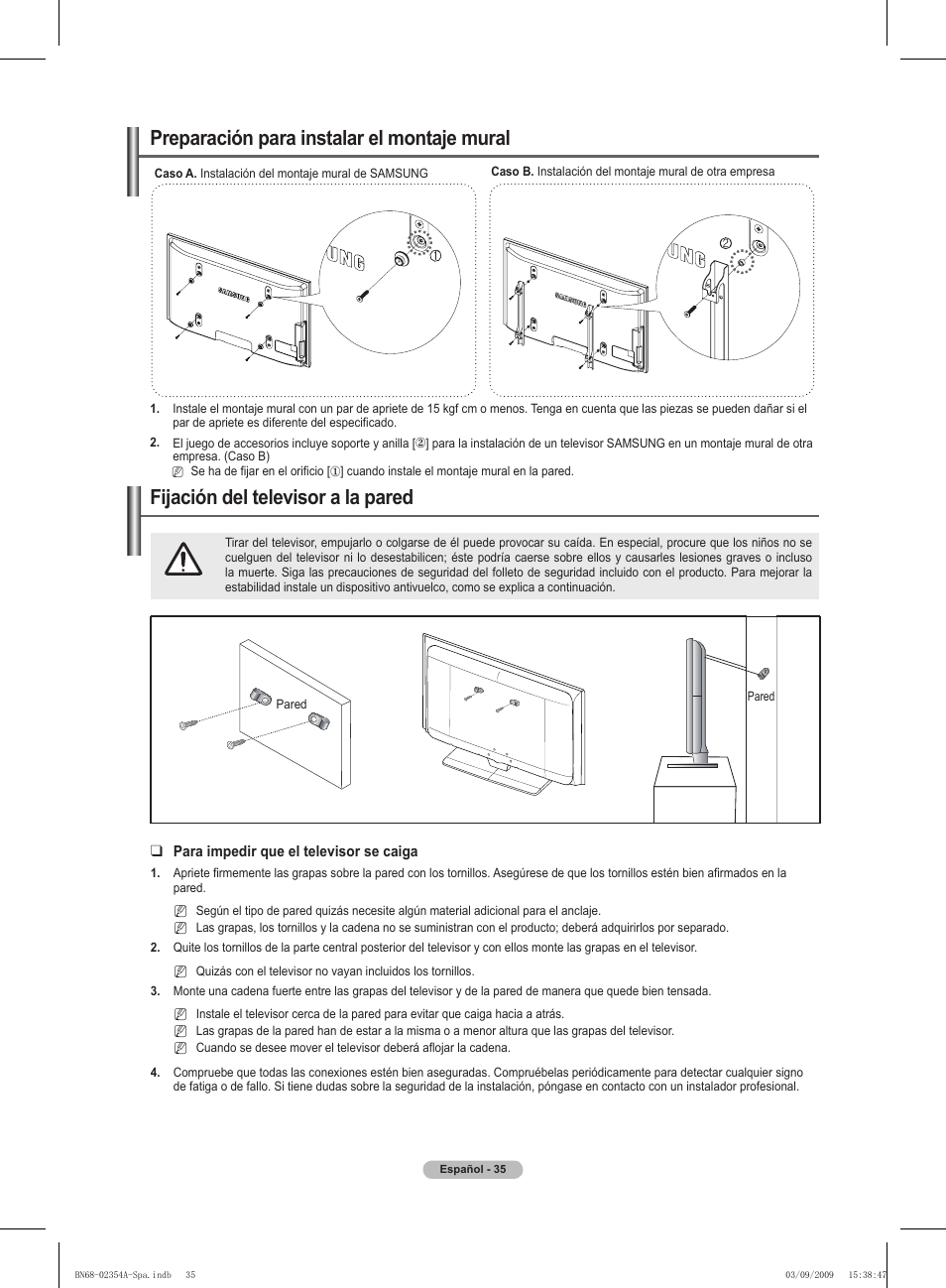 경고 주의 경고 주의, Preparación para instalar el montaje mural, Fijación del televisor a la pared | Samsung PS50B450B1W User Manual | Page 232 / 357