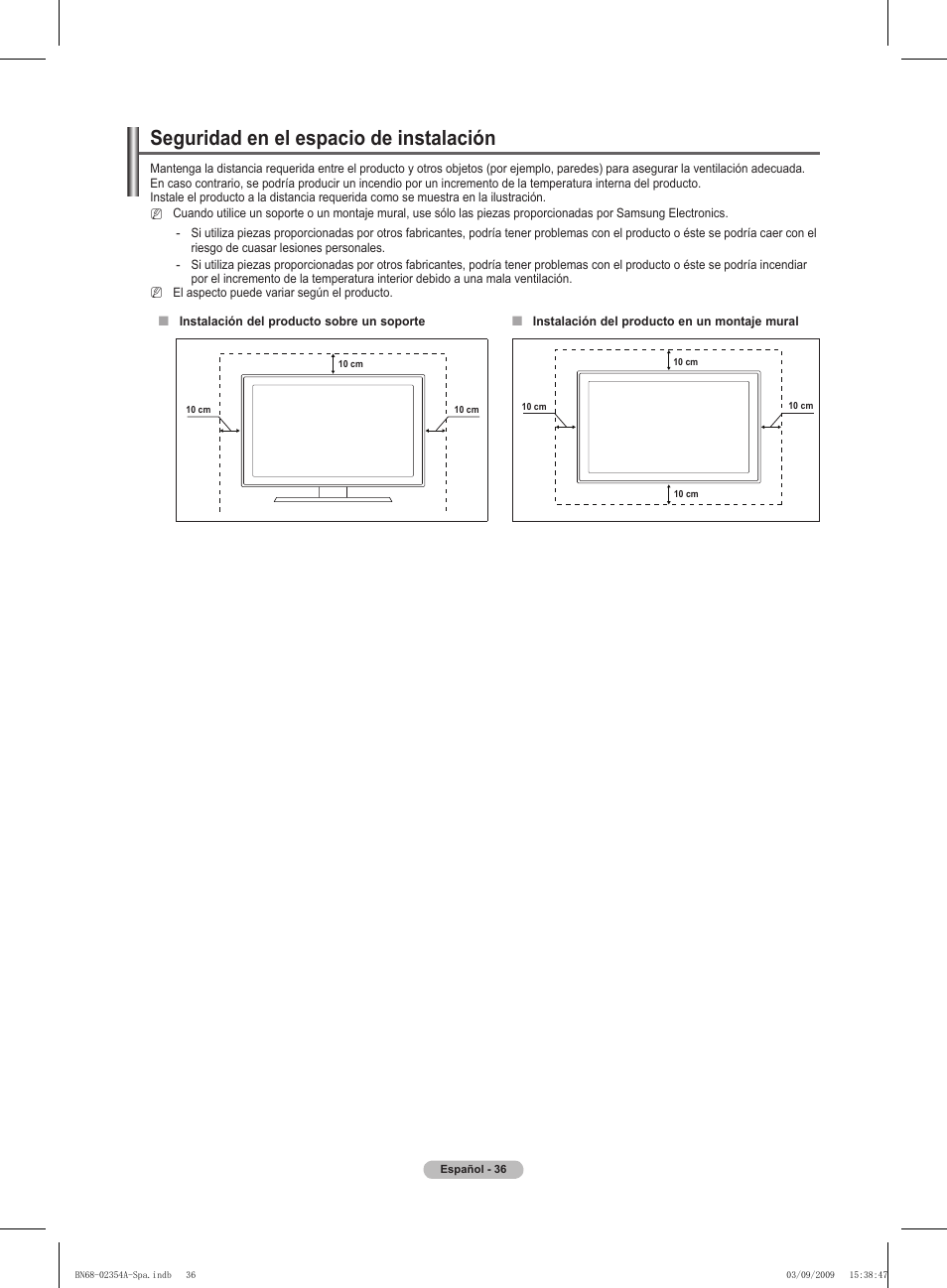 Seguridad en el espacio de instalación | Samsung PS50B450B1W User Manual | Page 233 / 357