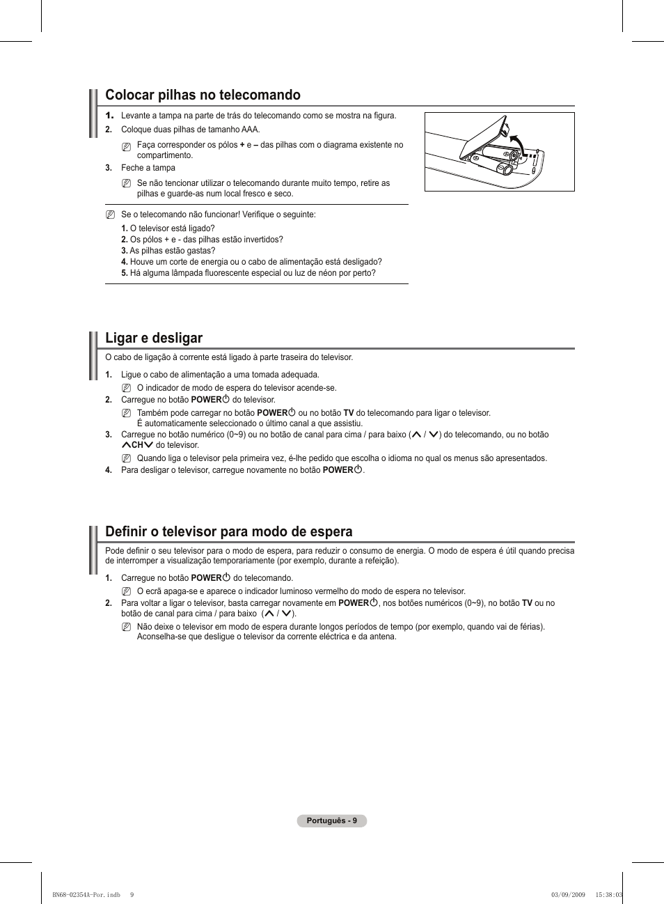Colocar pilhas no telecomando, Ligar e desligar, Definir o televisor para modo de espera | Samsung PS50B450B1W User Manual | Page 245 / 357