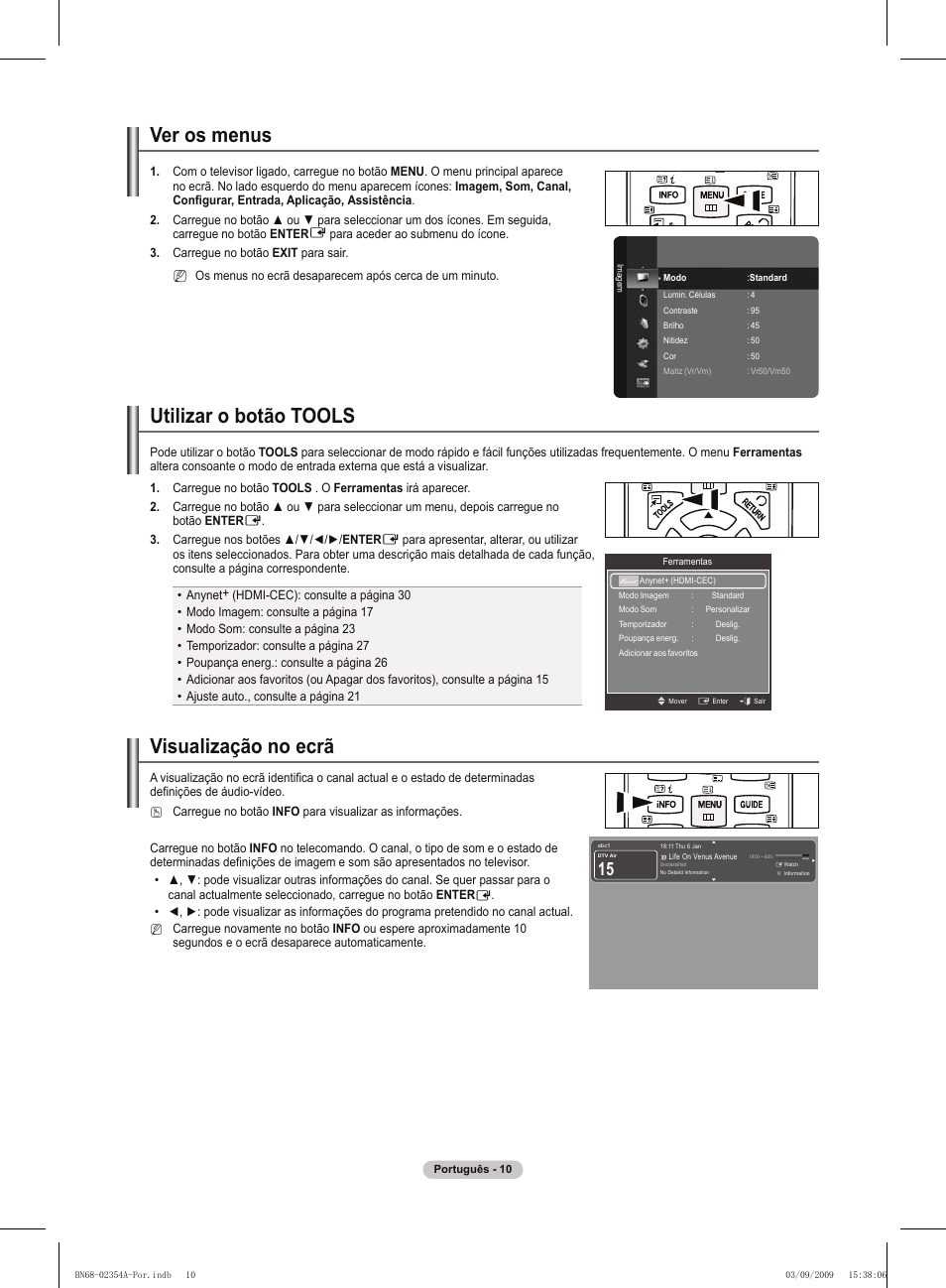 Ver os menus, Utilizar o botão tools, Visualização no ecrã | Samsung PS50B450B1W User Manual | Page 246 / 357