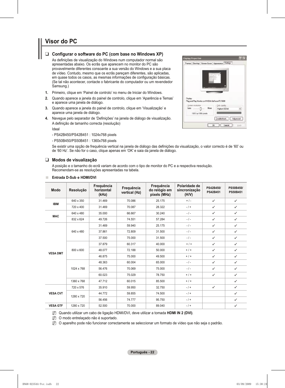 Visor do pc, Modos de visualização | Samsung PS50B450B1W User Manual | Page 258 / 357