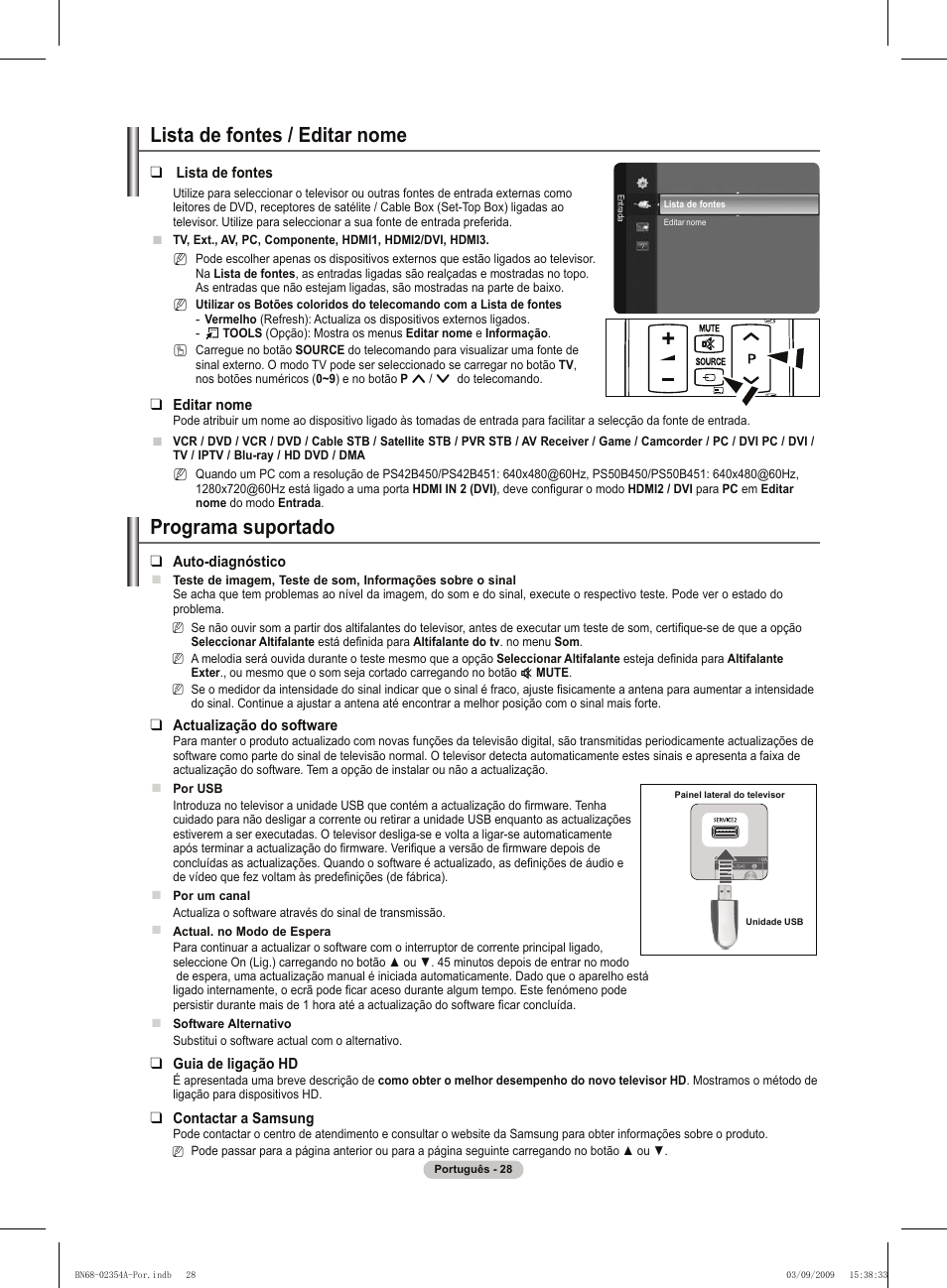 Lista de fontes / editar nome, Programa suportado | Samsung PS50B450B1W User Manual | Page 264 / 357