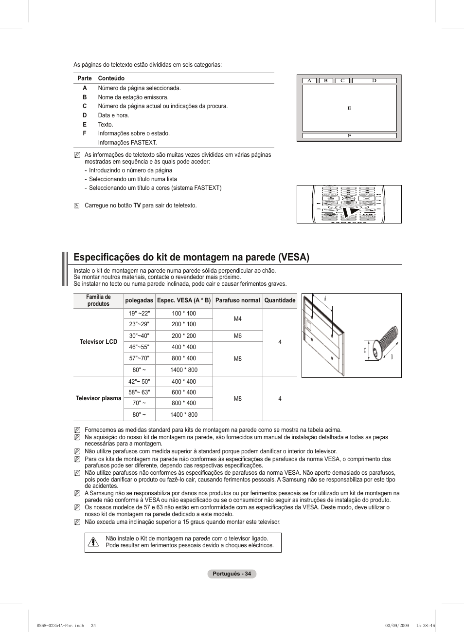 Especificações do kit de montagem na parede (vesa) | Samsung PS50B450B1W User Manual | Page 270 / 357