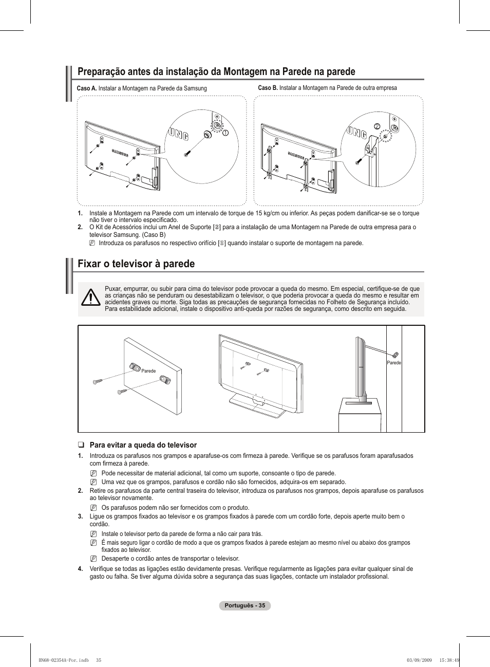 경고 주의 경고 주의, Fixar o televisor à parede | Samsung PS50B450B1W User Manual | Page 271 / 357