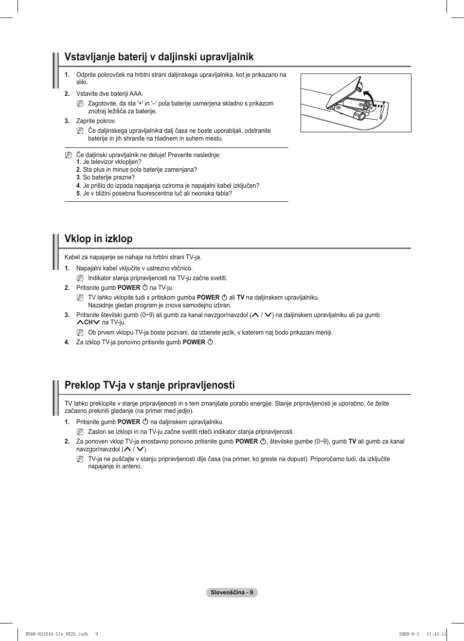 Vstavljanje baterij v daljinski upravljalnik, Vklop in izklop, Preklop tv-ja v stanje pripravljenosti | Samsung PS50B450B1W User Manual | Page 284 / 357
