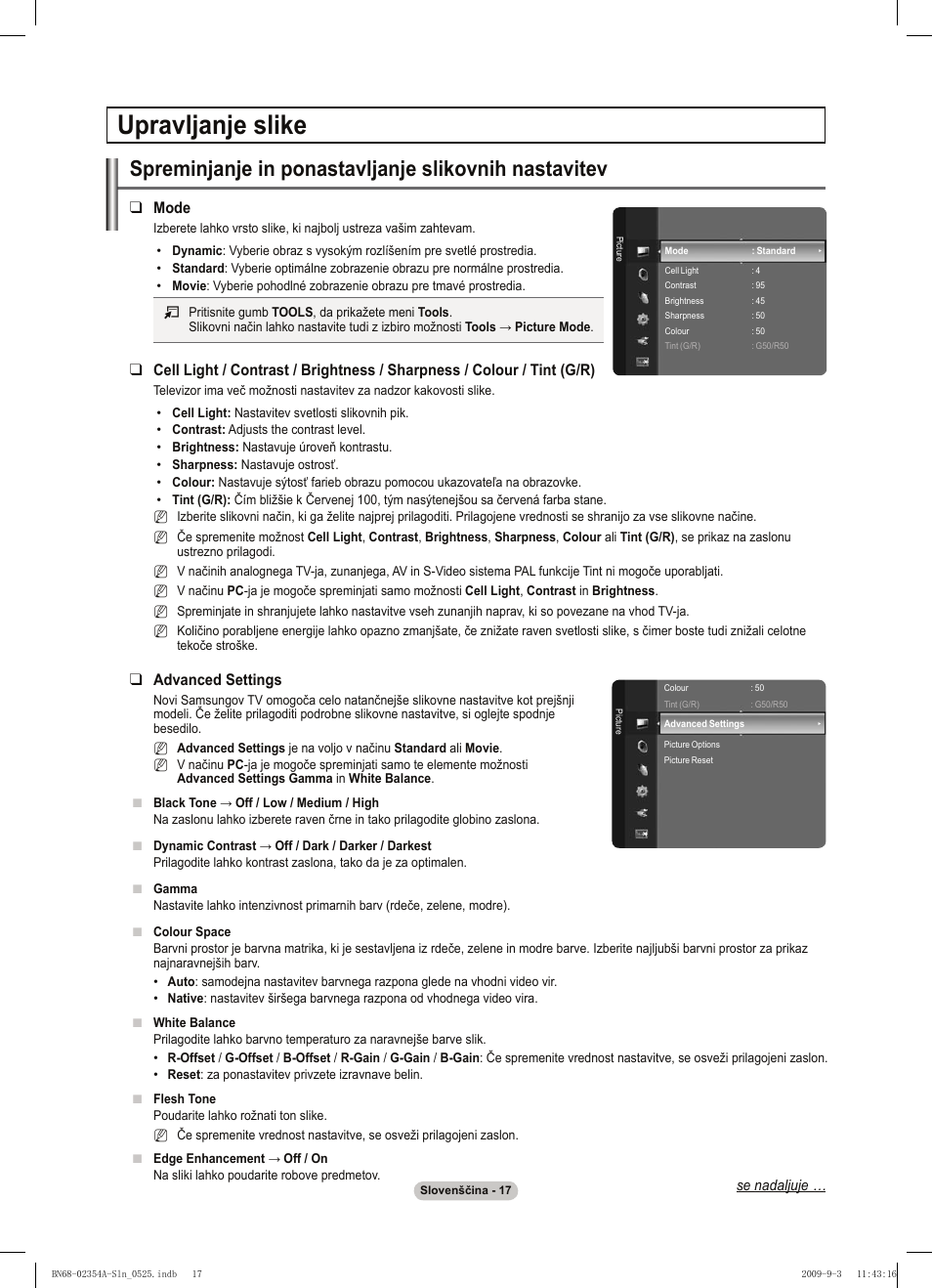 Upravljanje slike, Mode, Advanced settings | Samsung PS50B450B1W User Manual | Page 292 / 357