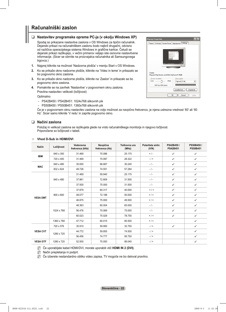 Računalniški zaslon, Načini zaslona | Samsung PS50B450B1W User Manual | Page 297 / 357