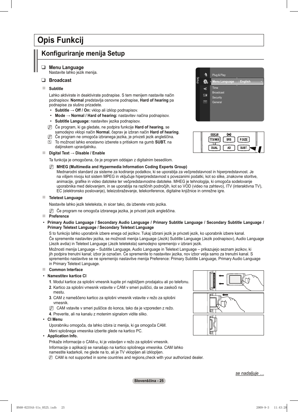 Opis funkcij, Konfiguriranje menija setup | Samsung PS50B450B1W User Manual | Page 300 / 357