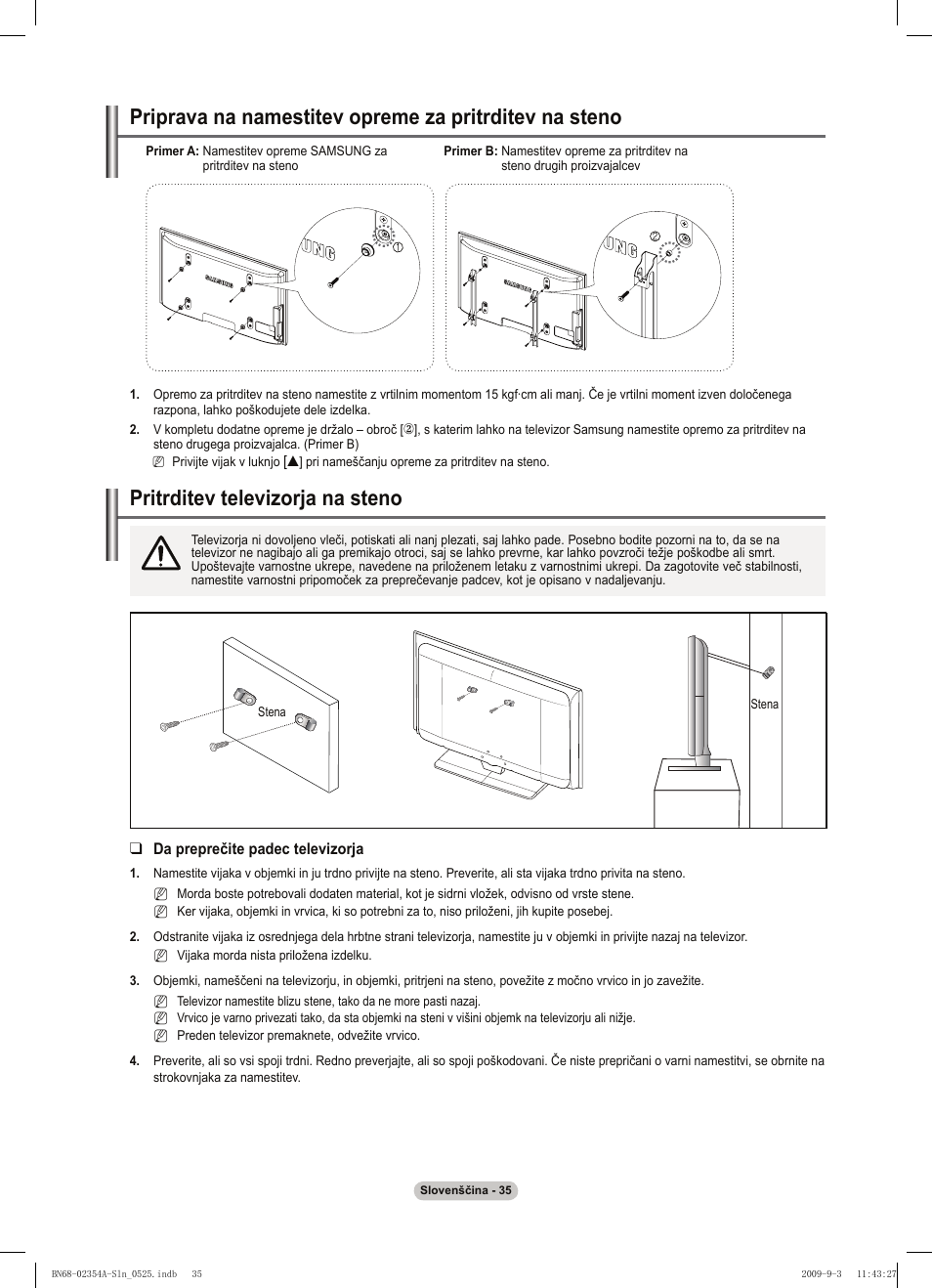 경고 주의 경고 주의, Pritrditev televizorja na steno | Samsung PS50B450B1W User Manual | Page 310 / 357