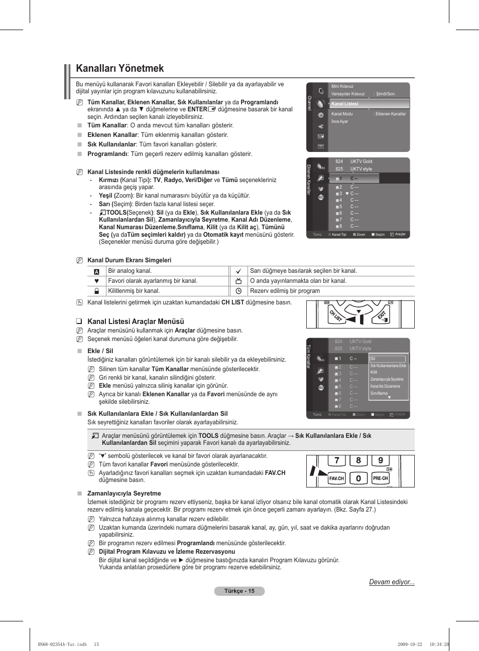 Kanalları yönetmek, Kanal listesi araçlar menüsü, Devam ediyor | Samsung PS50B450B1W User Manual | Page 329 / 357