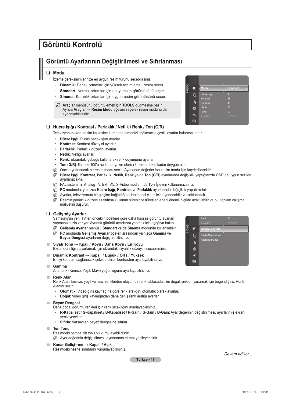 Görüntü kontrolü, Görüntü ayarlarının değiştirilmesi ve sıfırlanması, Modu | Gelişmiş ayarlar | Samsung PS50B450B1W User Manual | Page 331 / 357