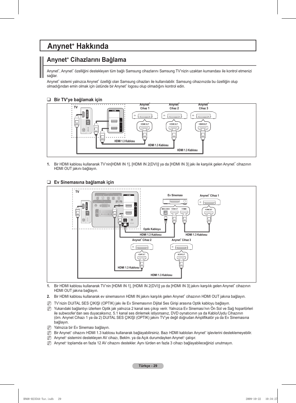 Hakkında, Anynet, Cihazlarını bağlama | Bir tv’ye bağlamak için, Ev sinemasına bağlamak için | Samsung PS50B450B1W User Manual | Page 343 / 357