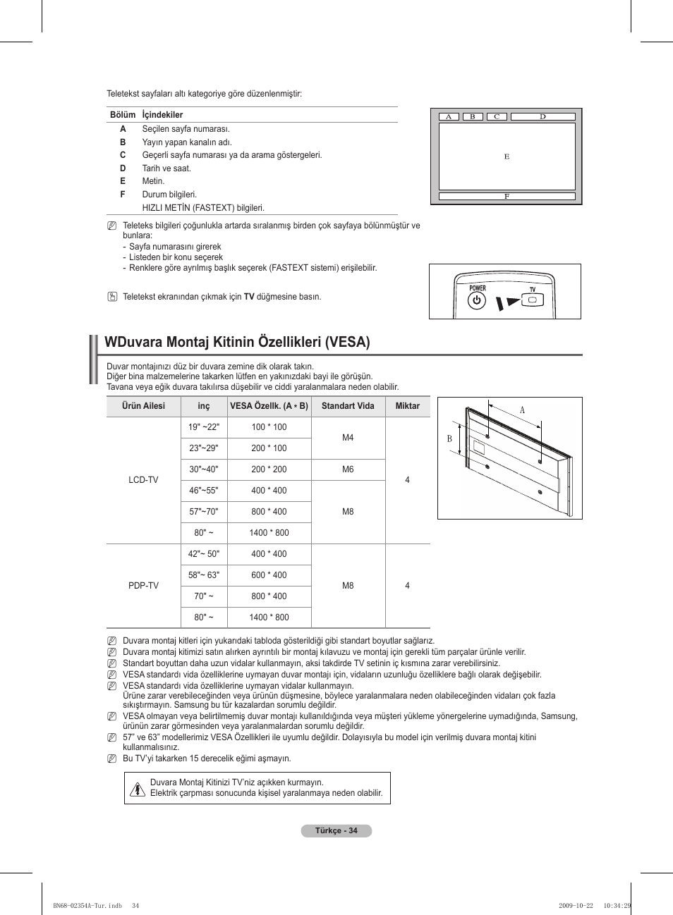 Wduvara montaj kitinin özellikleri (vesa) | Samsung PS50B450B1W User Manual | Page 348 / 357