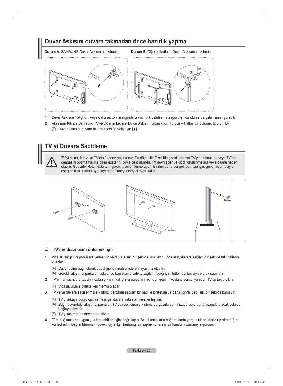 경고 주의 경고 주의, Tv’yi duvara sabitleme, Duvar askısını duvara takmadan önce hazırlık yapma | Samsung PS50B450B1W User Manual | Page 349 / 357