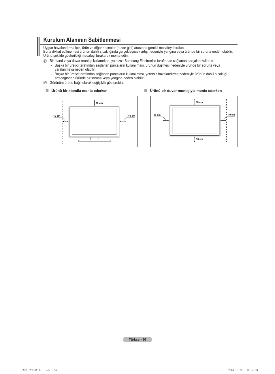 Kurulum alanının sabitlenmesi | Samsung PS50B450B1W User Manual | Page 350 / 357