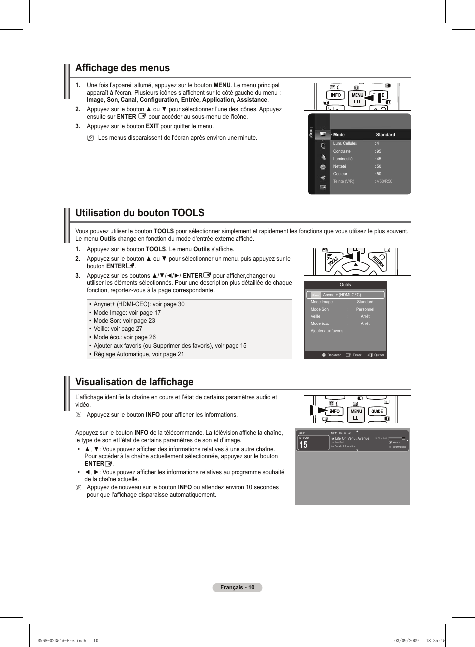 Affichage des menus, Utilisation du bouton tools, Visualisation de laffichage | Samsung PS50B450B1W User Manual | Page 50 / 357