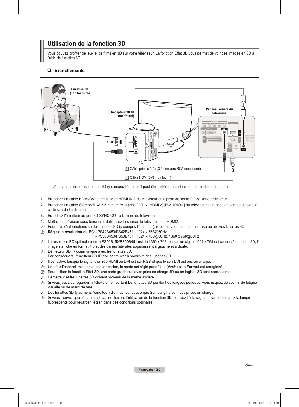 Utilisation de la fonction 3d | Samsung PS50B450B1W User Manual | Page 60 / 357