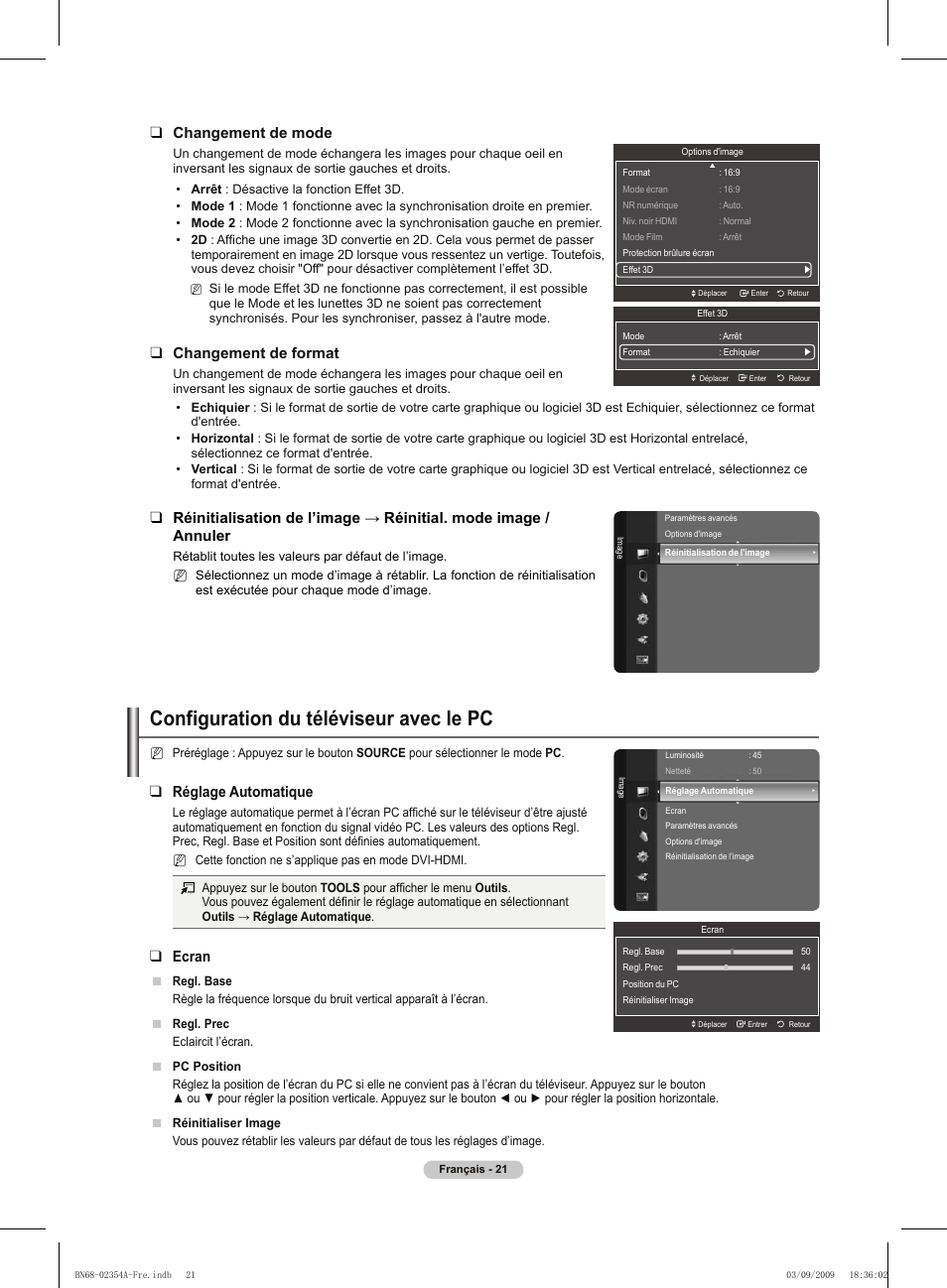 Configuration du téléviseur avec le pc, Changement de mode, Changement de format | Réglage automatique, Ecran | Samsung PS50B450B1W User Manual | Page 61 / 357