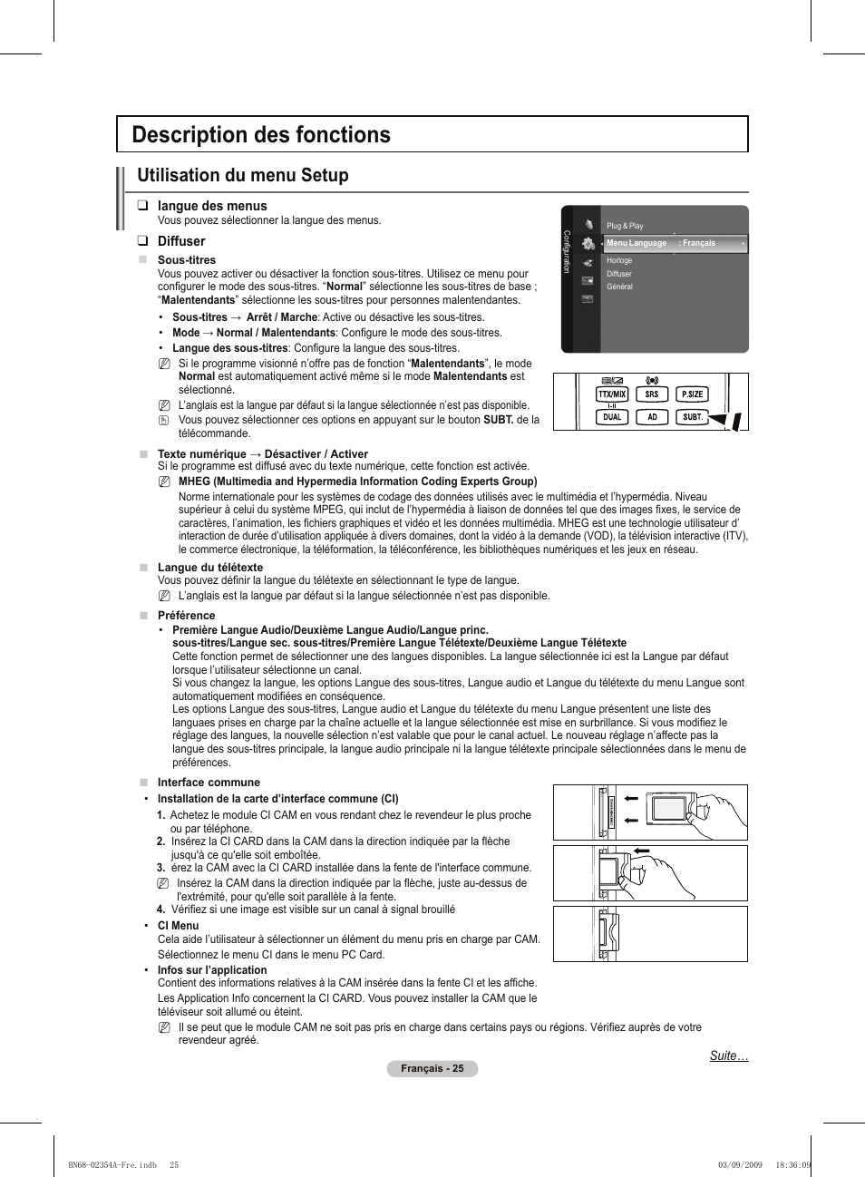 Description des fonctions, Utilisation du menu setup | Samsung PS50B450B1W User Manual | Page 65 / 357