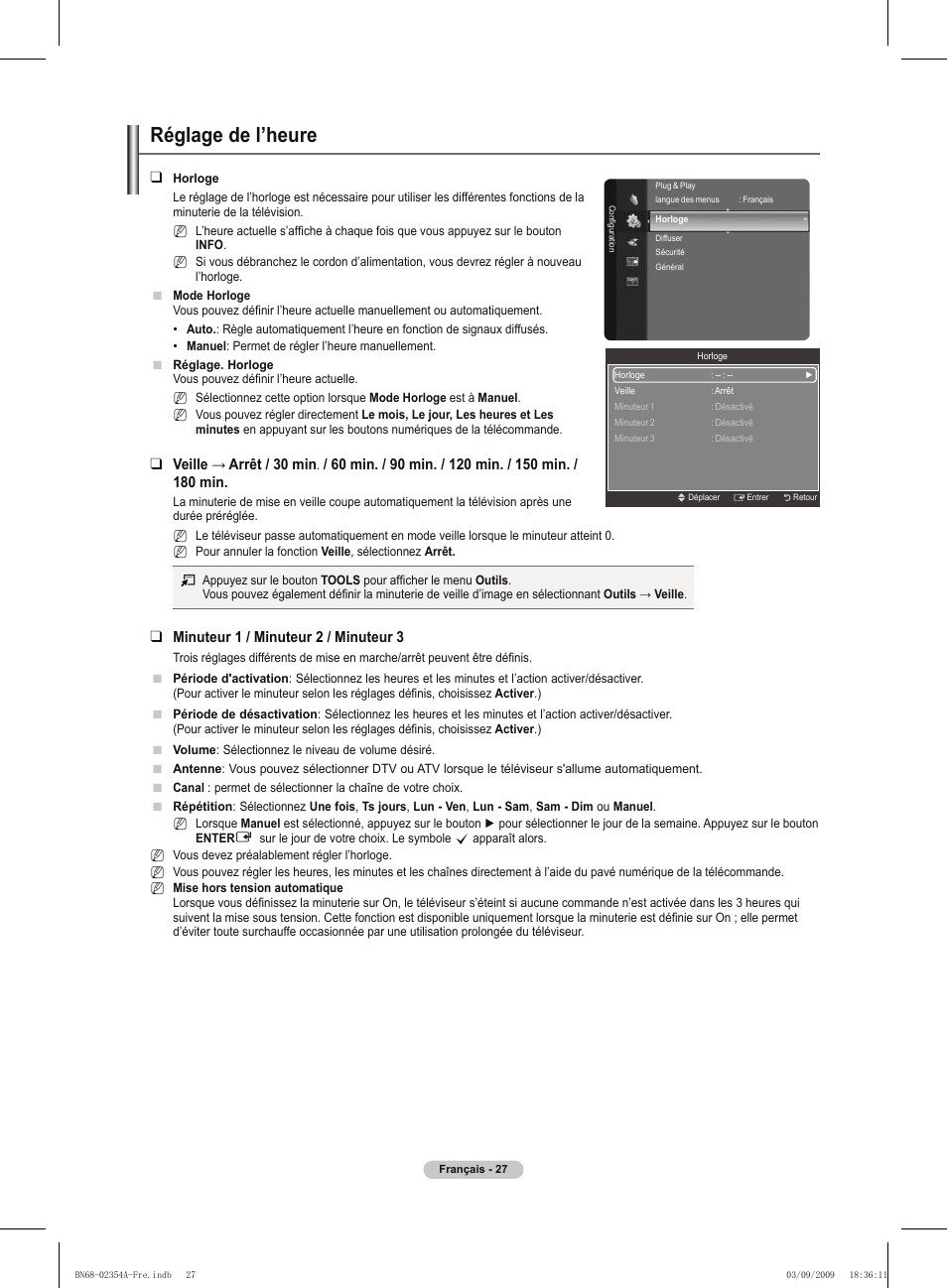 Réglage de l’heure, Minuteur 1 / minuteur  / minuteur 3 | Samsung PS50B450B1W User Manual | Page 67 / 357
