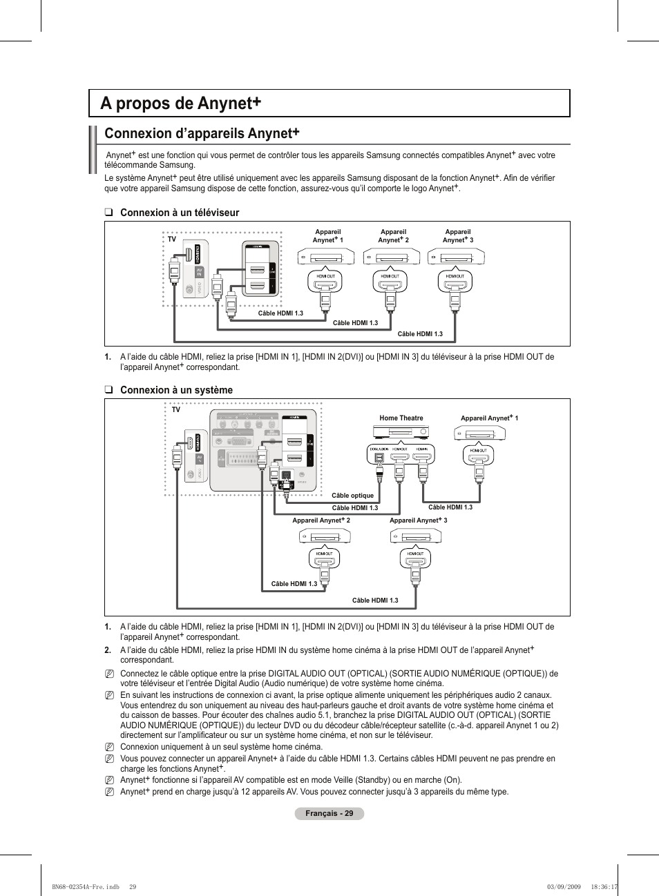 A propos de anynet, Connexion d’appareils anynet, Connexion à un téléviseur | Connexion à un système | Samsung PS50B450B1W User Manual | Page 69 / 357