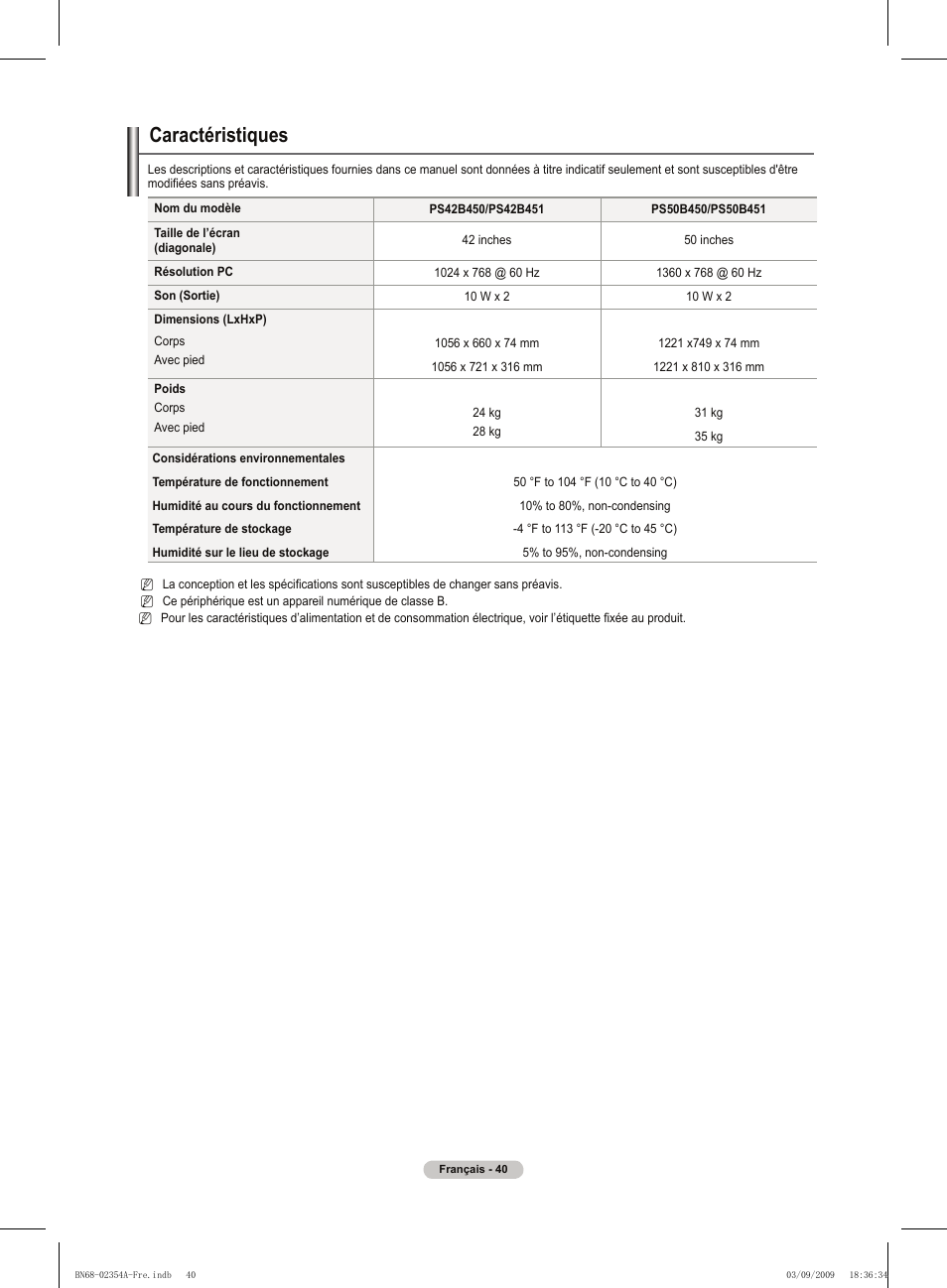 Caractéristiques | Samsung PS50B450B1W User Manual | Page 80 / 357