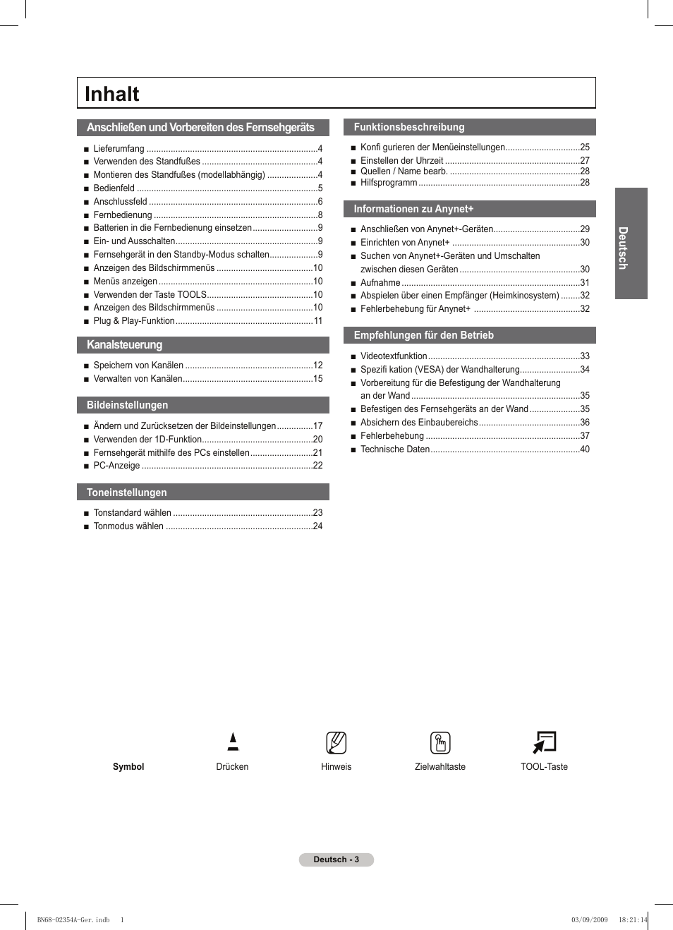 No t, Inhalt | Samsung PS50B450B1W User Manual | Page 82 / 357