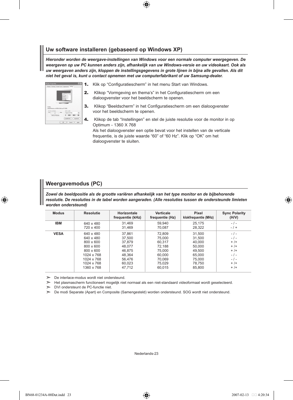 Uw software installeren (gebaseerd op windows xp), Weergavemodus (pc) | Samsung LE40S61B User Manual | Page 103 / 187