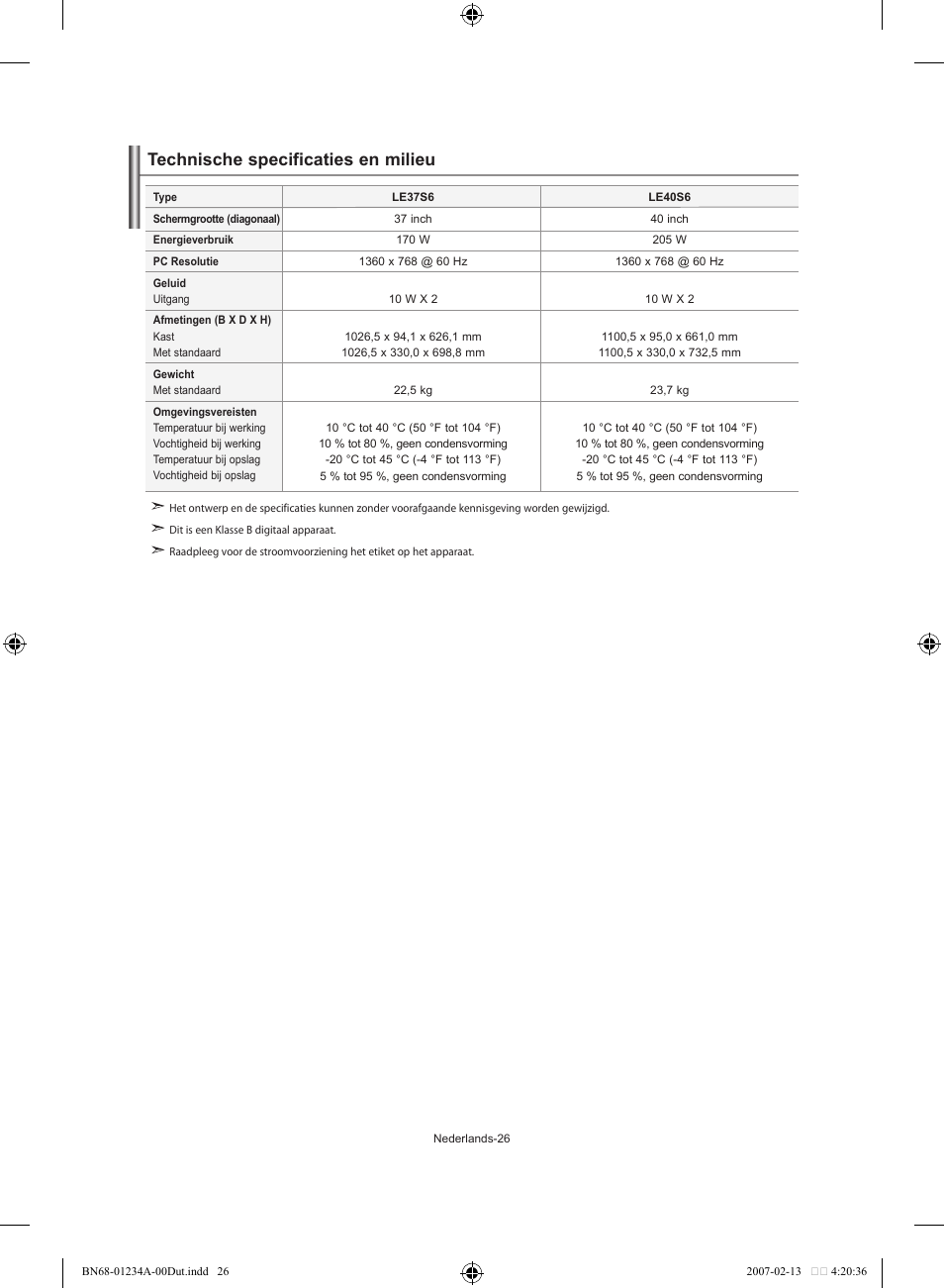 Technische specificaties en milieu | Samsung LE40S61B User Manual | Page 106 / 187