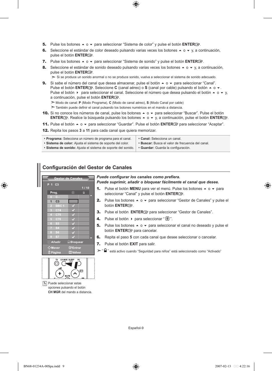 Configuración del gestor de canales | Samsung LE40S61B User Manual | Page 115 / 187