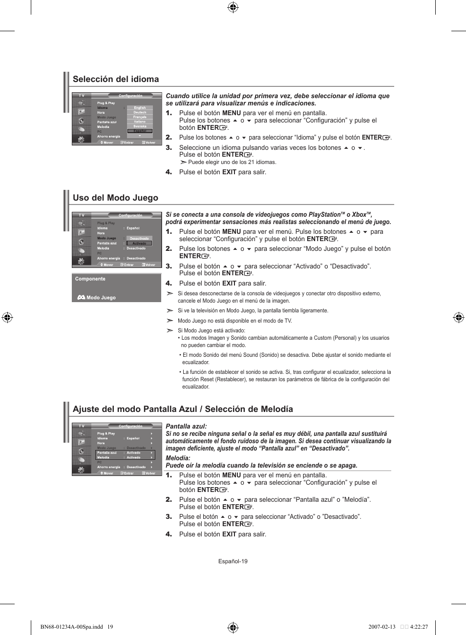 Selección del idioma, Uso del modo juego | Samsung LE40S61B User Manual | Page 125 / 187