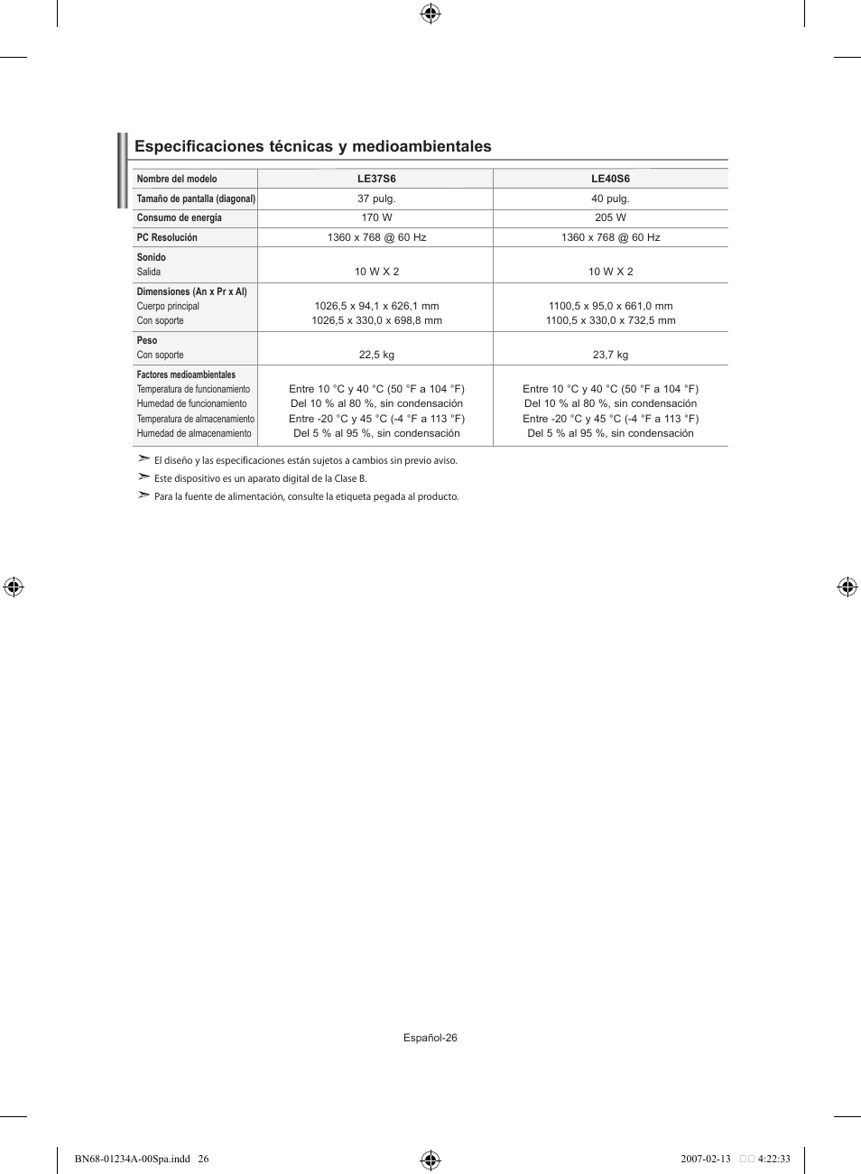 Especificaciones técnicas y medioambientales | Samsung LE40S61B User Manual | Page 132 / 187