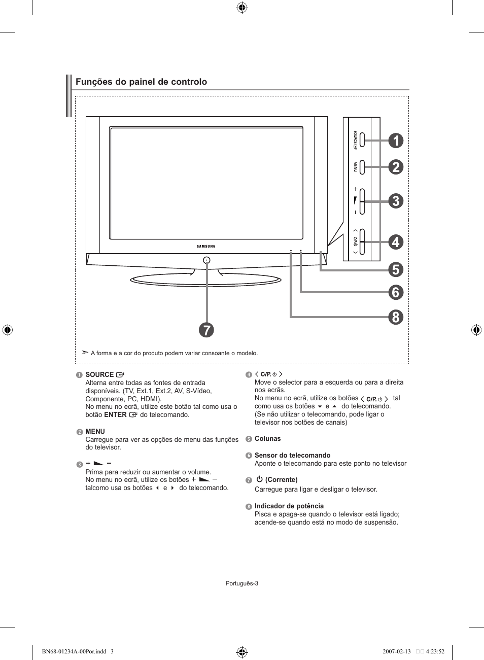 Funções do painel de controlo | Samsung LE40S61B User Manual | Page 135 / 187
