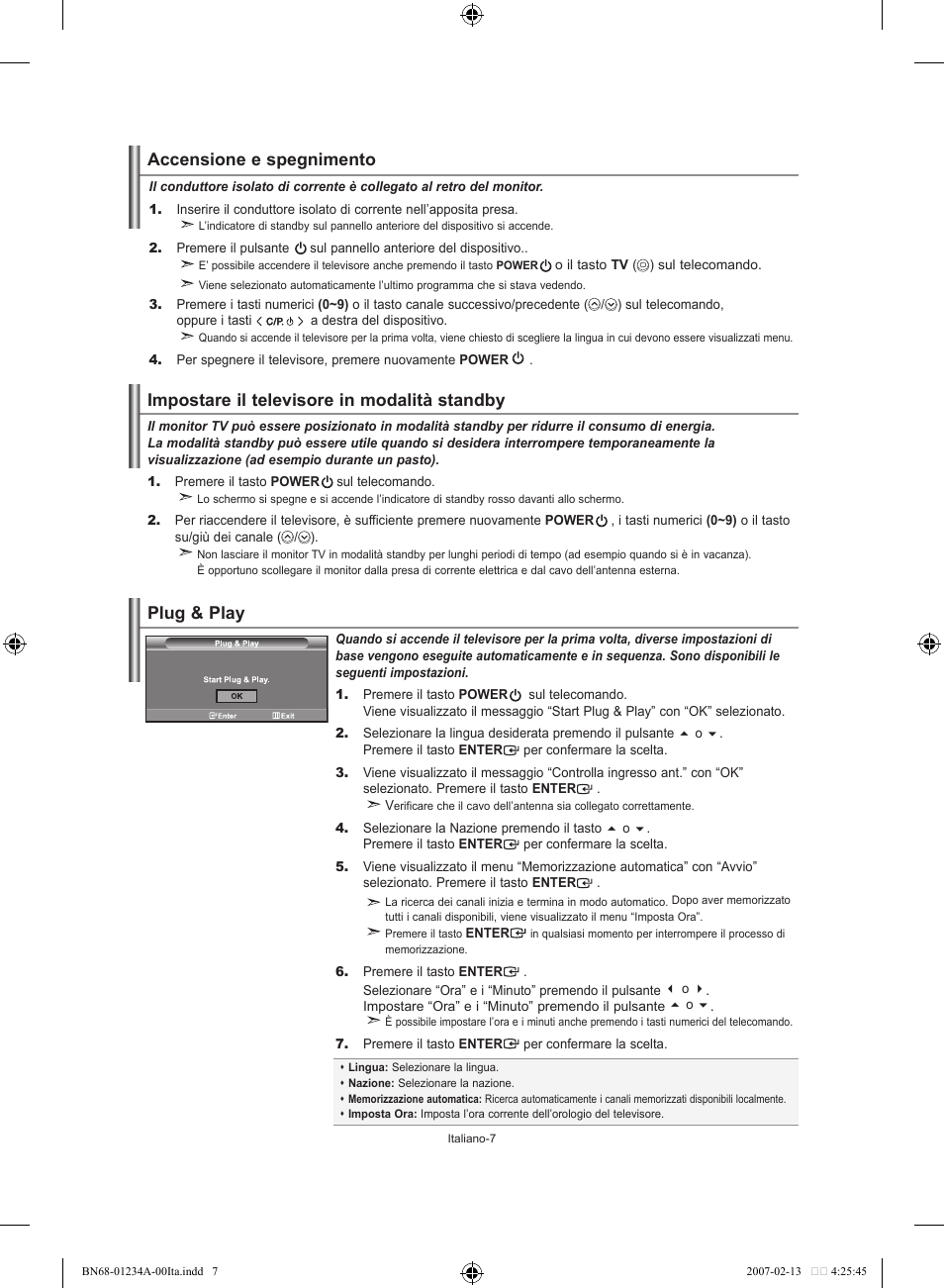 Accensione e spegnimento, Impostare il televisore in modalità standby, Plug & play | Samsung LE40S61B User Manual | Page 165 / 187