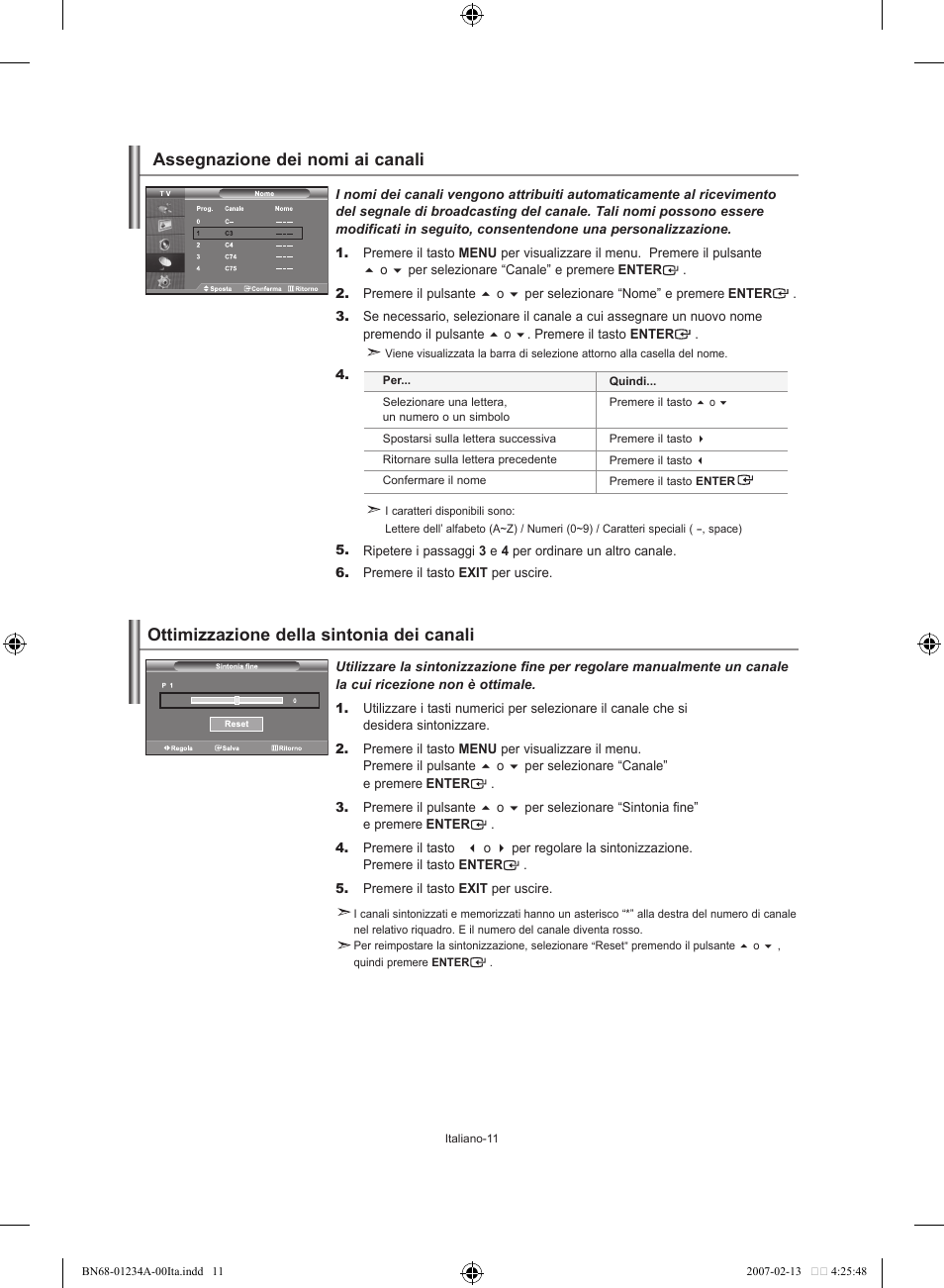 Ottimizzazione della sintonia dei canali, Assegnazione dei nomi ai canali | Samsung LE40S61B User Manual | Page 169 / 187