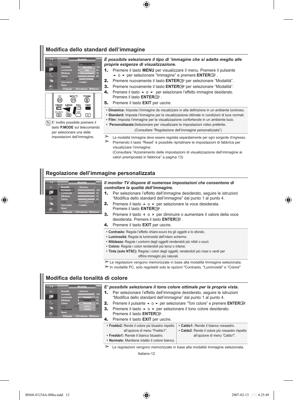 Modifica dello standard dell’immagine, Regolazione dell’immagine personalizzata, Modifica della tonalità di colore | Samsung LE40S61B User Manual | Page 170 / 187