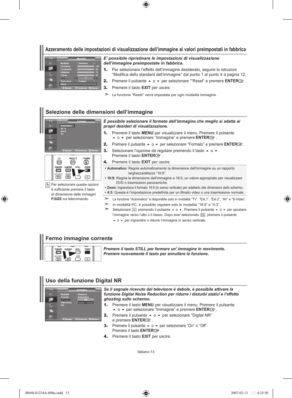 Selezione delle dimensioni dell’immagine, Fermo immagine corrente, Uso della funzione digital nr | Samsung LE40S61B User Manual | Page 171 / 187