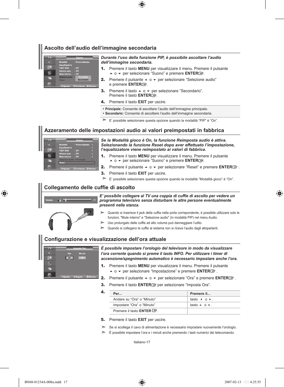 Ascolto dell’audio dell’immagine secondaria, Collegamento delle cuffie di ascolto | Samsung LE40S61B User Manual | Page 175 / 187