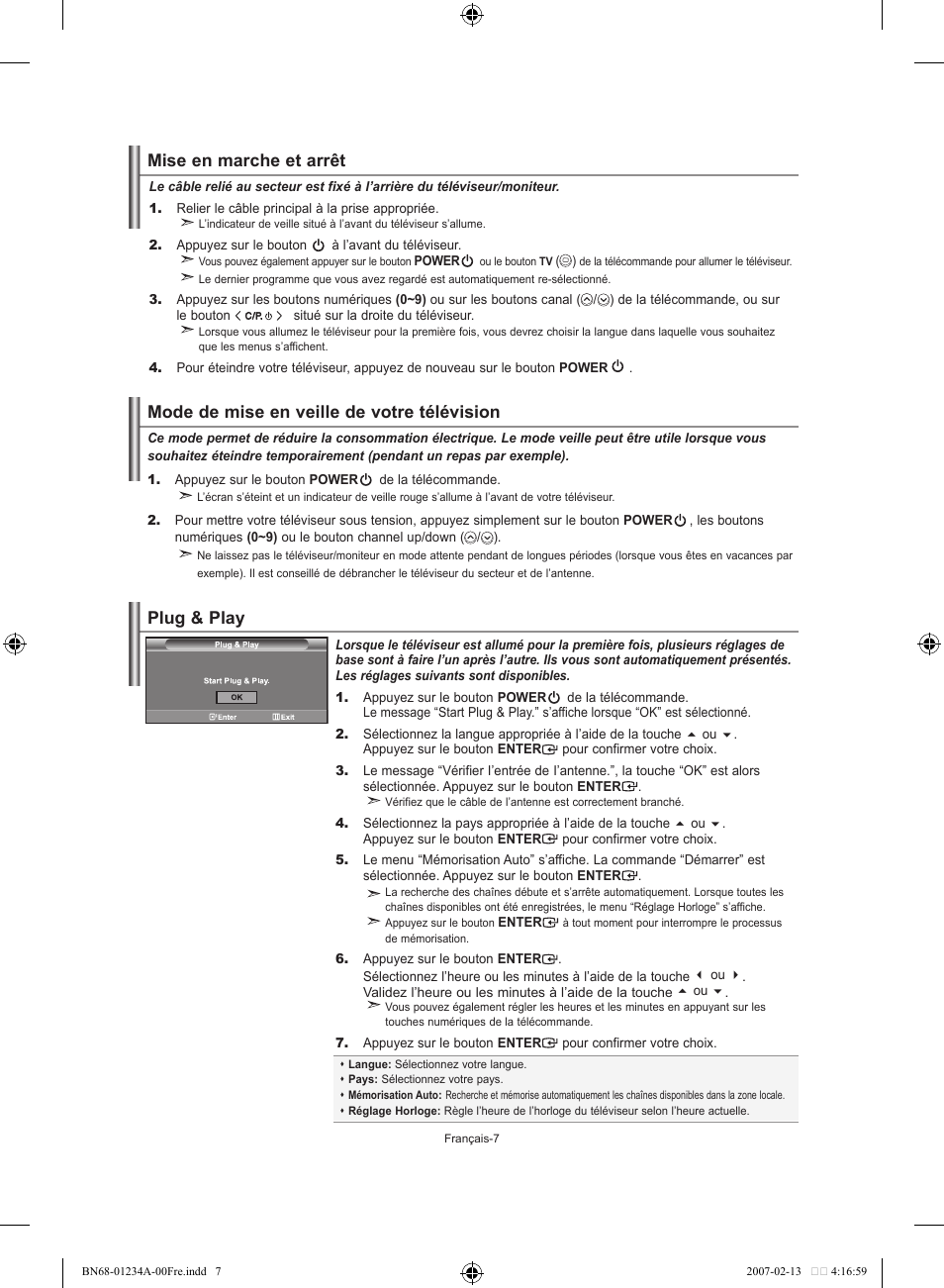 Mise en marche et arrêt, Mode de mise en veille de votre télévision, Plug & play | Samsung LE40S61B User Manual | Page 35 / 187