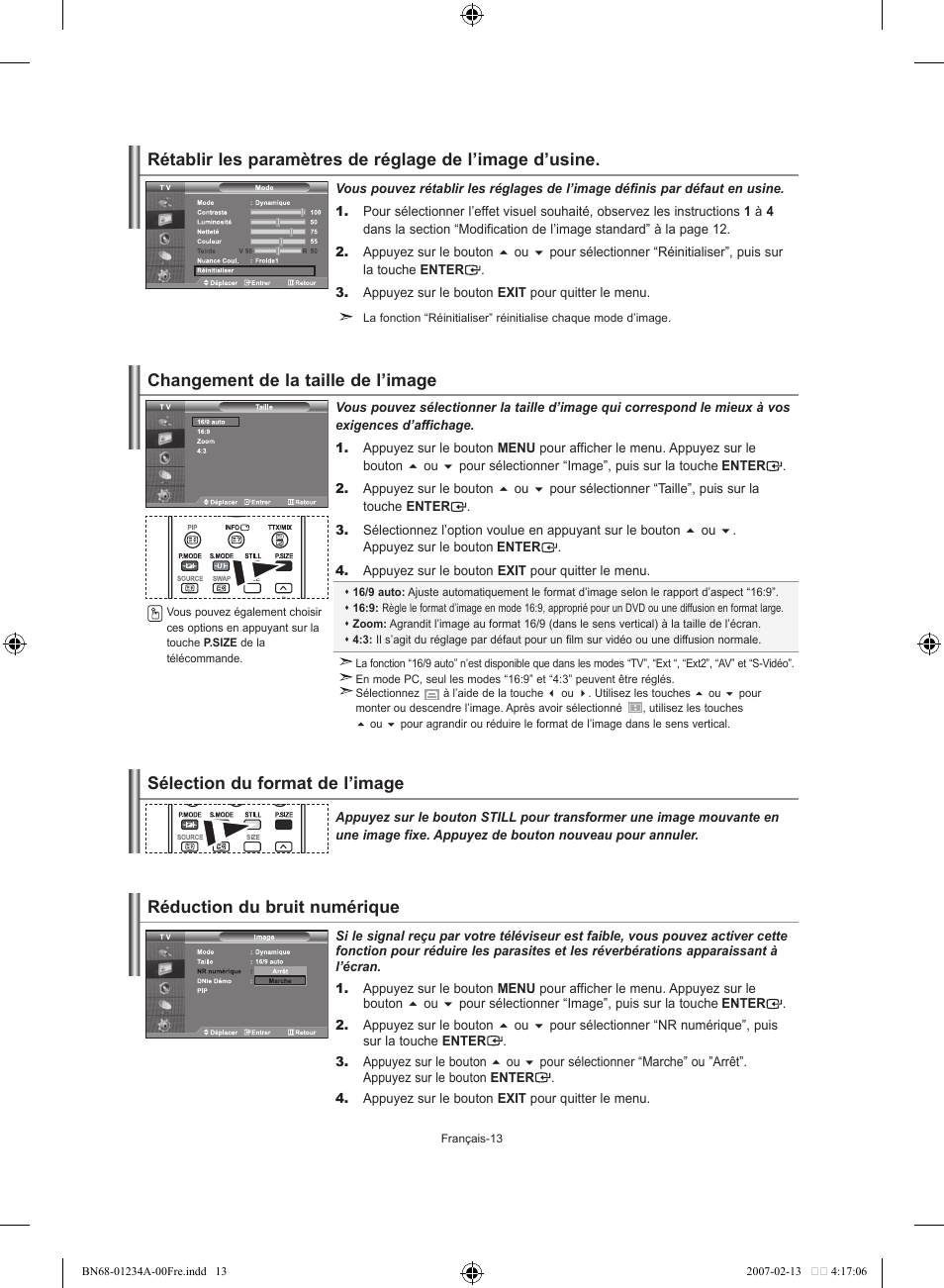 Sélection du format de l’image, Changement de la taille de l’image, Réduction du bruit numérique | Samsung LE40S61B User Manual | Page 41 / 187