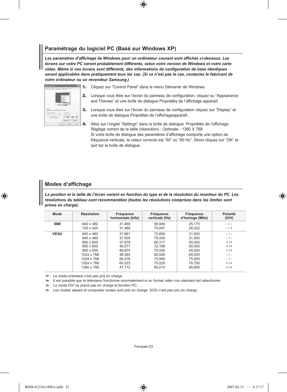 Paramétrage du logiciel pc (basé sur windows xp), Modes d’affichage | Samsung LE40S61B User Manual | Page 51 / 187
