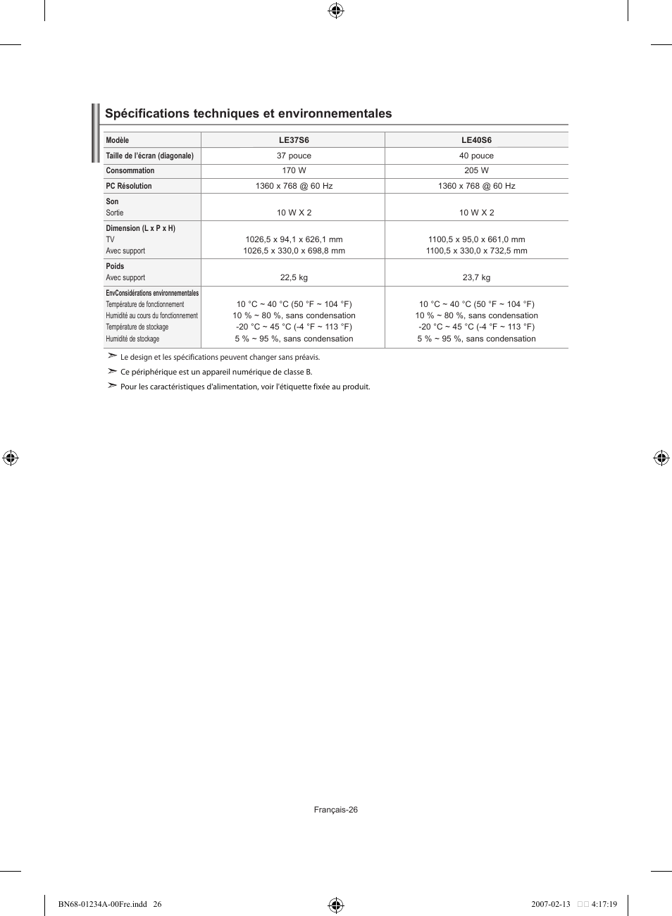 Spécifications techniques et environnementales | Samsung LE40S61B User Manual | Page 54 / 187