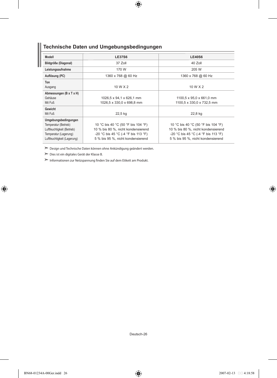 Technische daten und umgebungsbedingungen | Samsung LE40S61B User Manual | Page 80 / 187