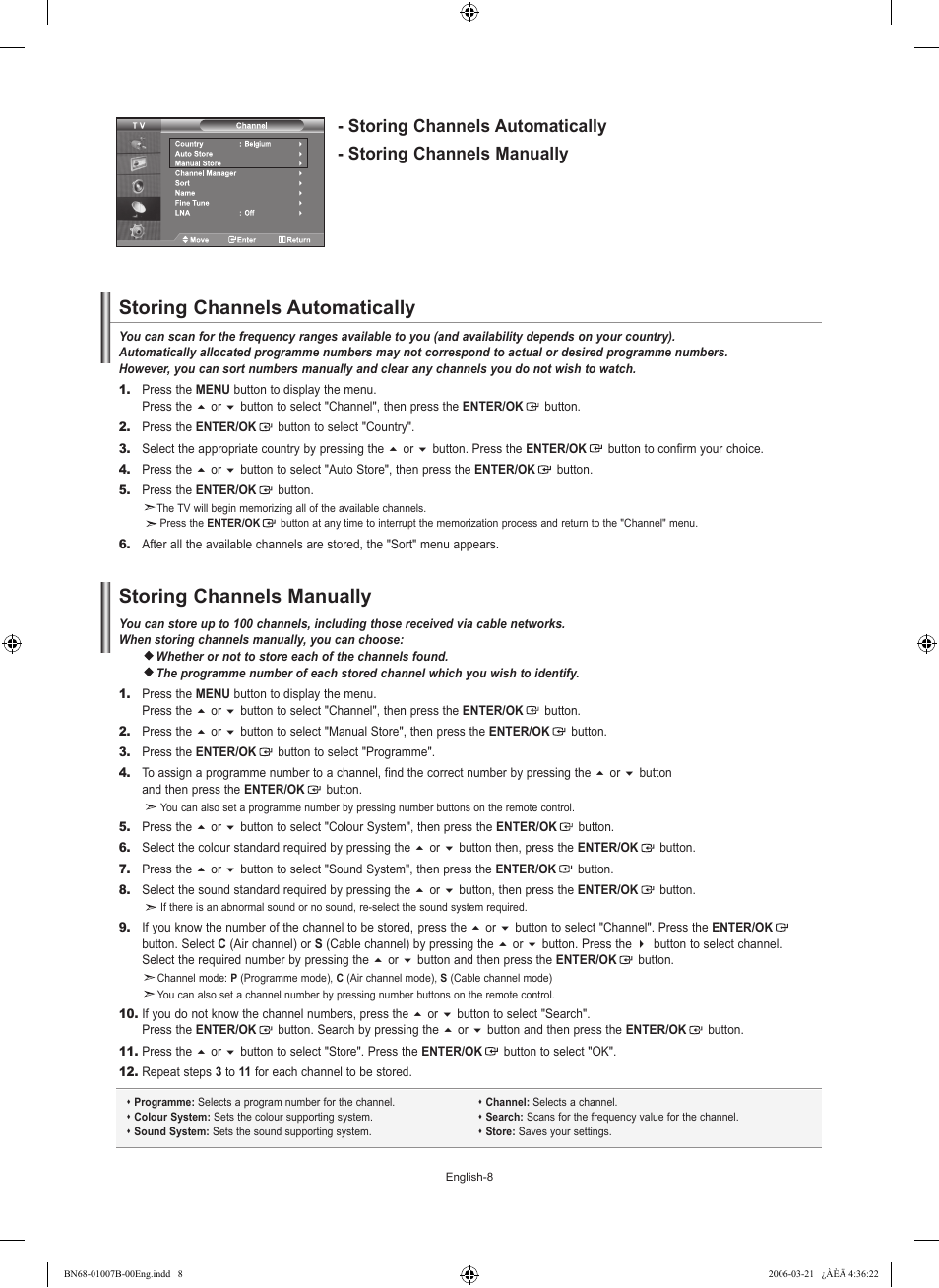 Setting the channelss, Storing channels automatically, Storing channels manually | Samsung LE40R73BD User Manual | Page 10 / 107