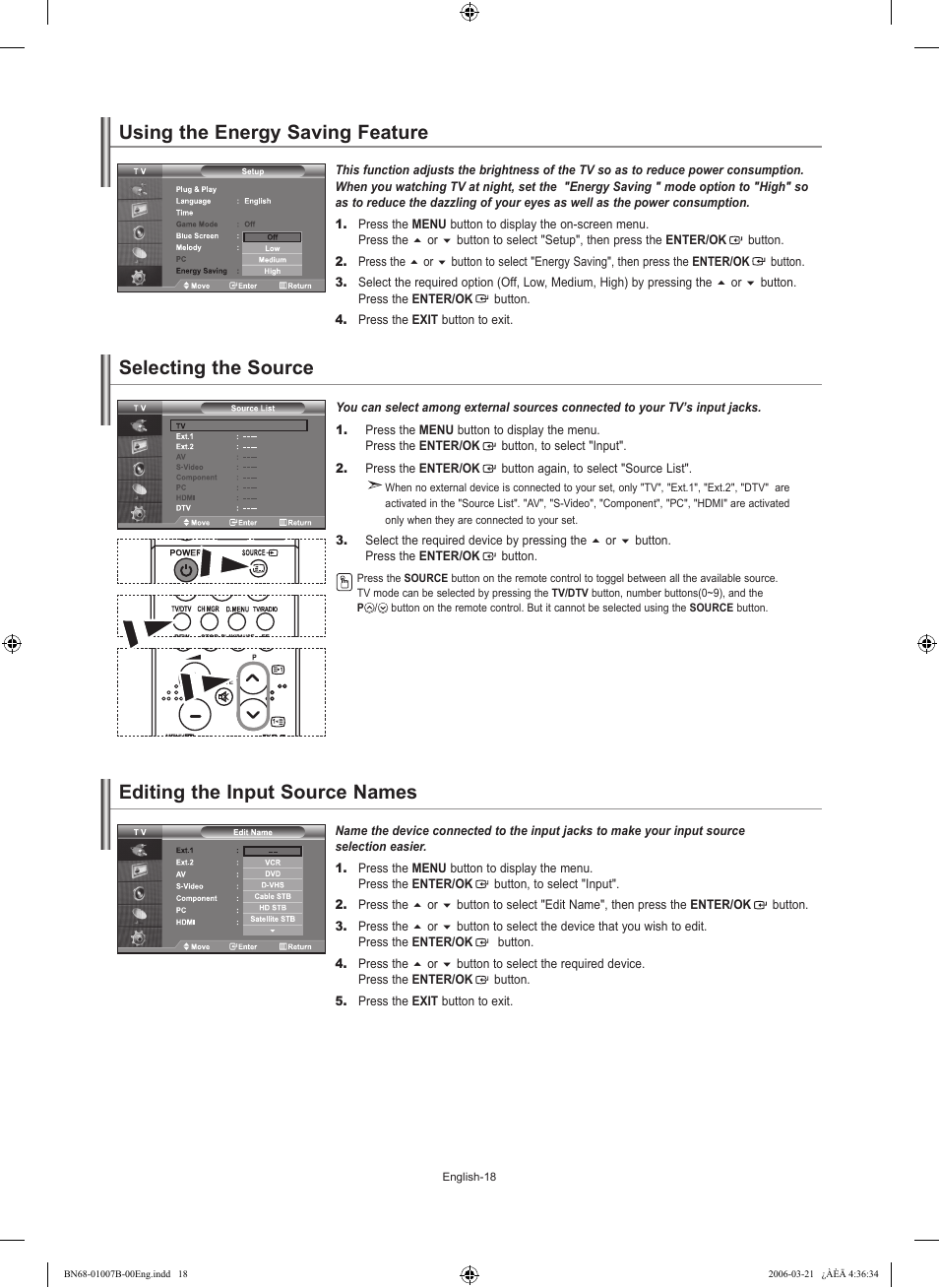 Using the energy saving feature, Selecting the source, Editing the input source names | Samsung LE40R73BD User Manual | Page 20 / 107