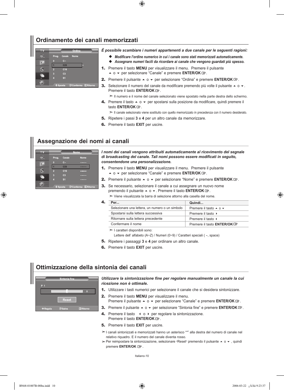 Ottimizzazione della sintonia dei canali, Assegnazione dei nomi ai canali | Samsung LE40R73BD User Manual | Page 46 / 107
