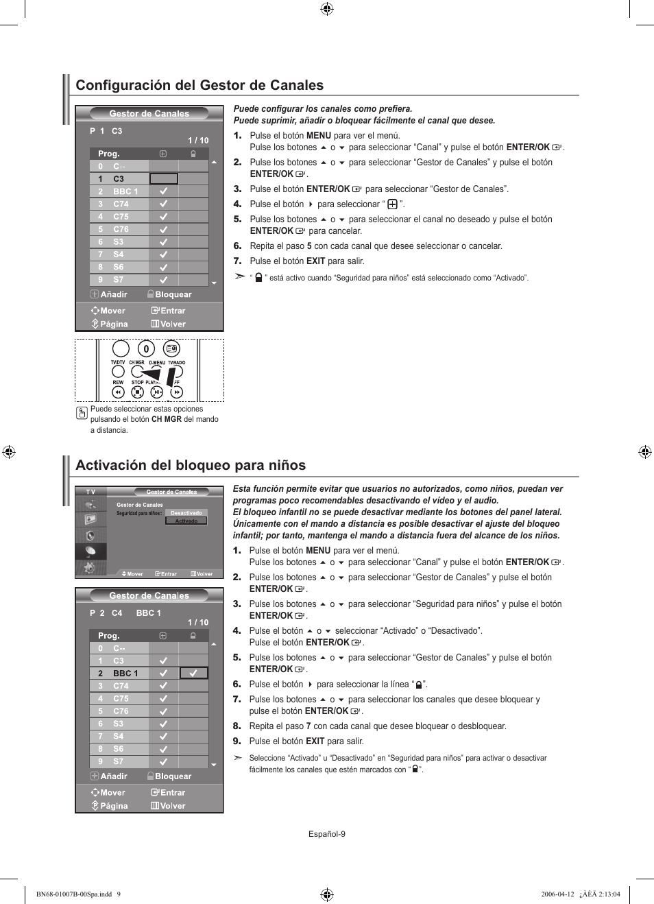 Configuración del gestor de canales, Activación del bloqueo para niños | Samsung LE40R73BD User Manual | Page 81 / 107