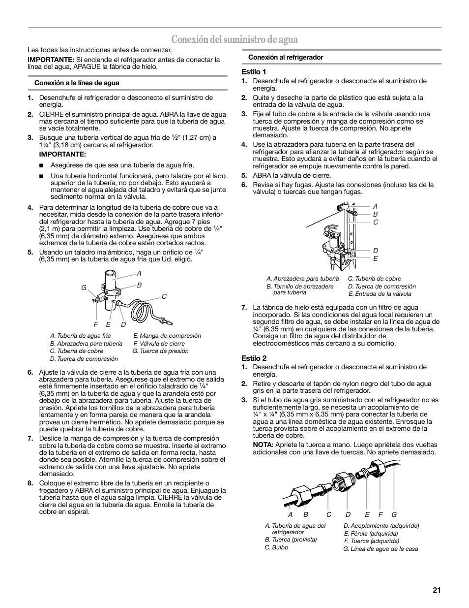 Conexión del suministro de agua | Amana W10321485A User Manual | Page 21 / 54