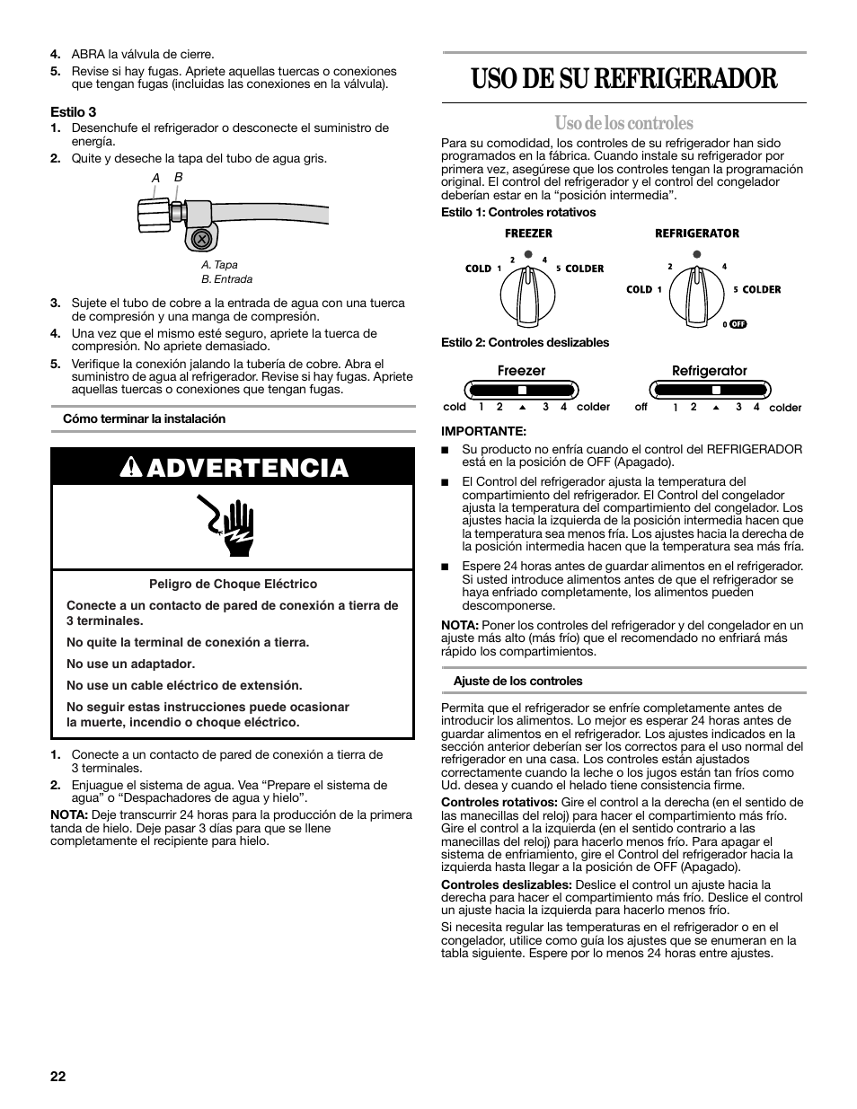 Uso de su refrigerador, Advertencia, Uso de los controles | Amana W10321485A User Manual | Page 22 / 54